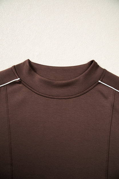 Coffee Sporty Piping Trim Mock Neck Pullover Relaxed 2pcs Pant Set