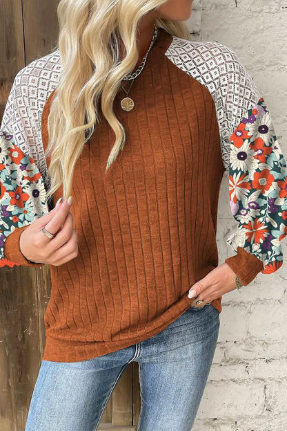 Cinnamon Floral Patchwork Long Sleeve Ribbed Blouse - Chic Meadow Boutique 