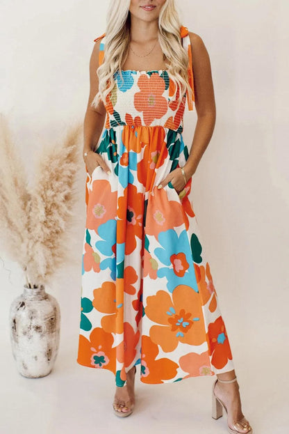 Dresses/Floral Dresses Orange / S / 100%Polyester Orange Floral Self Tied Straps Smocked Bust Maxi Dress