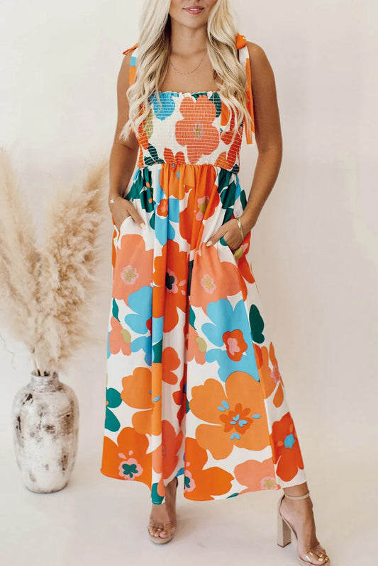 Orange Floral Self Tied Straps Smocked Bust Maxi Dress - Chic Meadow Boutique 