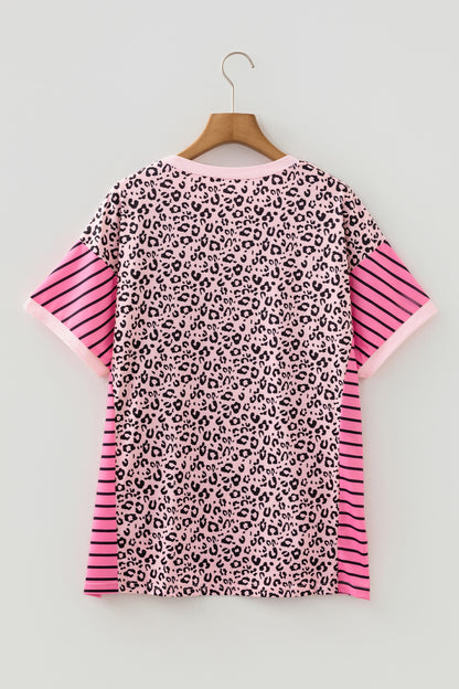 Pink Leopard Striped Contrast Patchwork Plus Size Tee