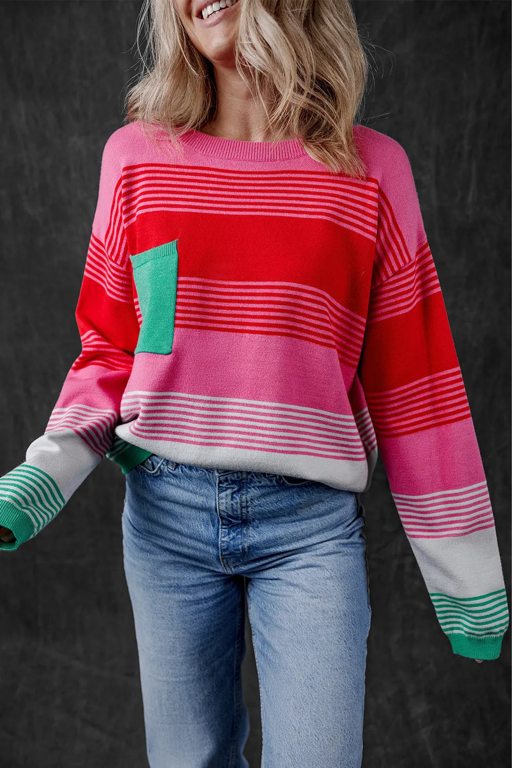 Rose Striped Knit Patch Pocket Drop Shoulder Sweater - Chic Meadow Boutique 