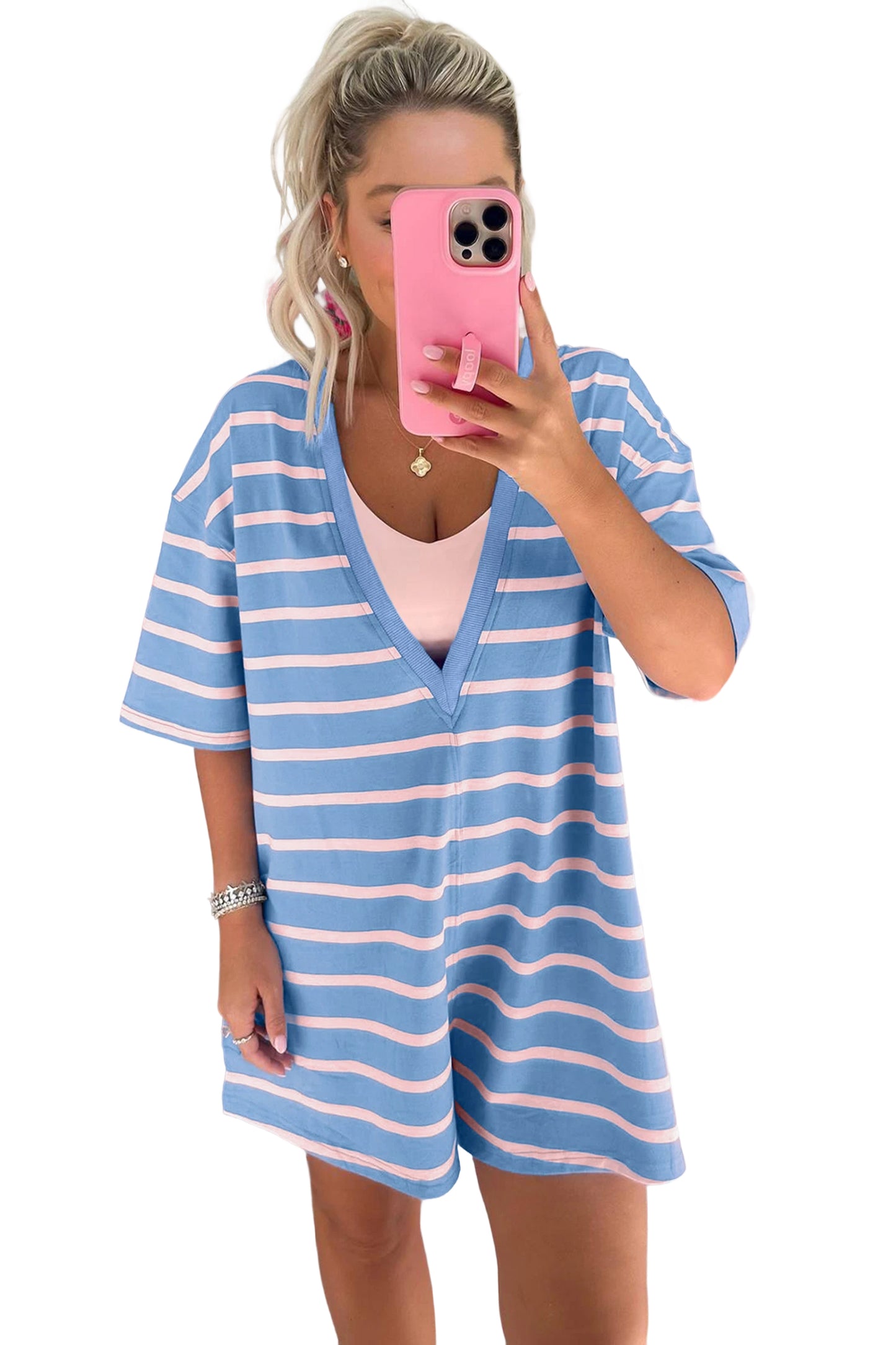 Sky Blue Stripe V Neck Short Sleeve Double Wear Loose Romper