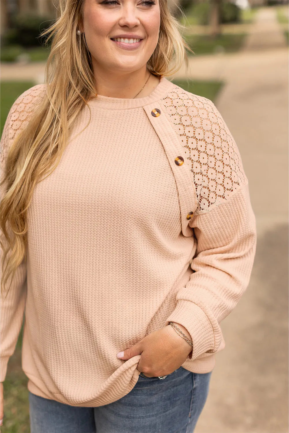 Beige Plus Size Lace Patchwork Buttons Waffle Knit Top - Chic Meadow Boutique 