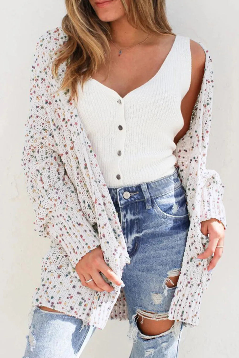 White Multicolor Dotted Rib Knit Long Sleeve Cardigan - Chic Meadow Boutique 