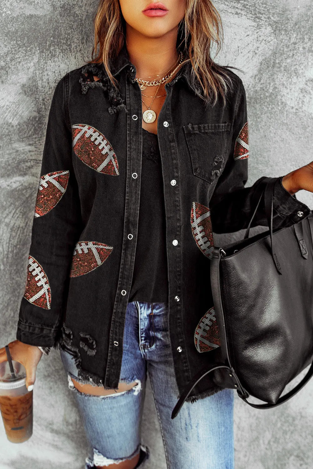 Black Sequined Rugby Graphic Frayed Denim Shacket - Chic Meadow Boutique 