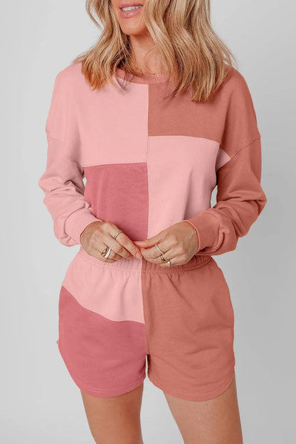 Peach Blossom Colorblock Patchwork Long Sleeve Shorts Outfit - Chic Meadow Boutique 