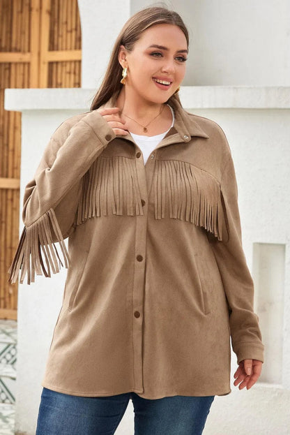 Plus Size/Plus Size Outerwear Khaki Fringe Trim Plus Size Suede Shacket