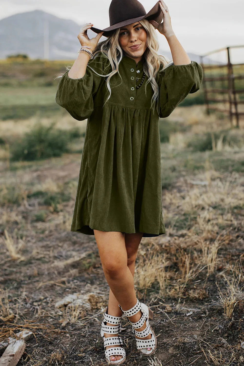 Vineyard Green Corduroy Snap Buttons Empire Waist Bracelet Sleeve Dress - Chic Meadow Boutique 