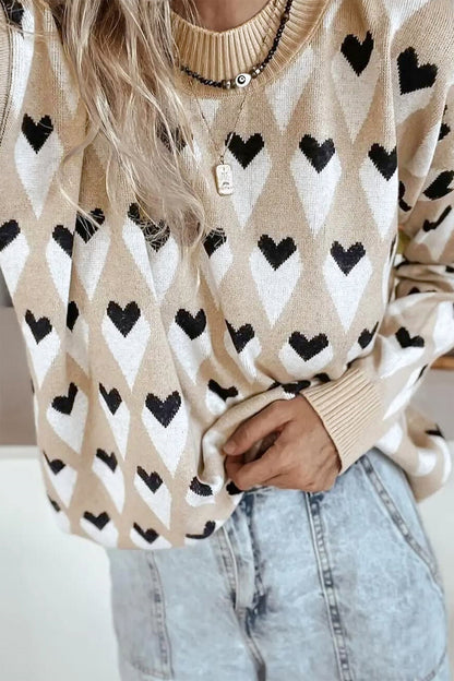 Parchment Geometric Heart Print Ribbed Trim Loose Sweater