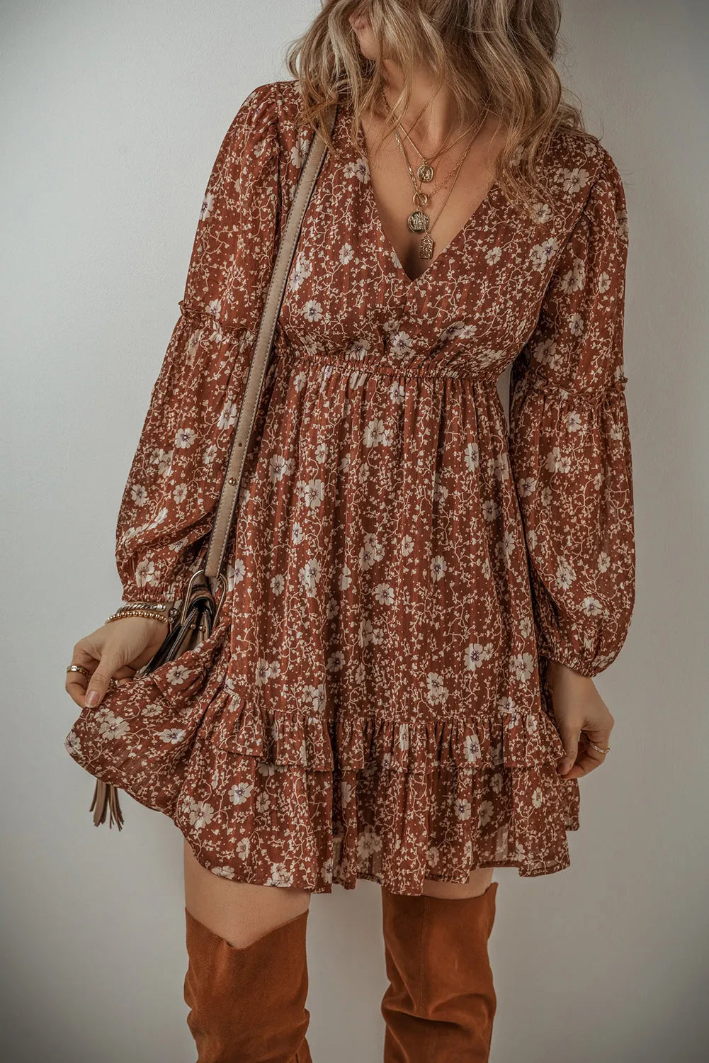 Brown Boho Floral Ruffled Puff Sleeve V Neck Mini Dress - Chic Meadow Boutique 