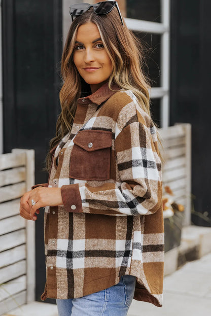 Brown Pocketed Buttoned Plaid Shirt Jacket - Chic Meadow Boutique 