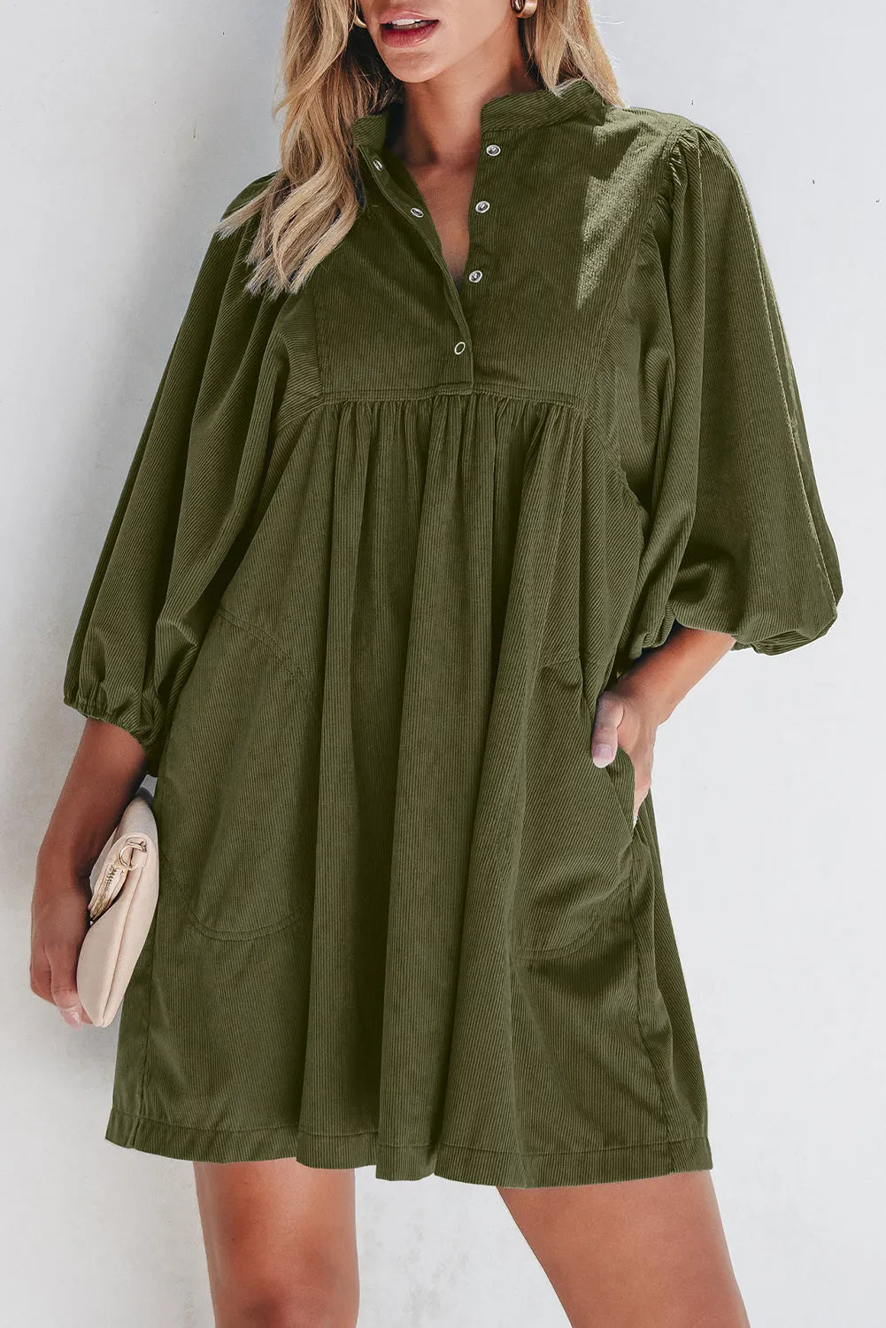 Vineyard Green Corduroy Snap Buttons Empire Waist Bracelet Sleeve Dress - Chic Meadow Boutique 