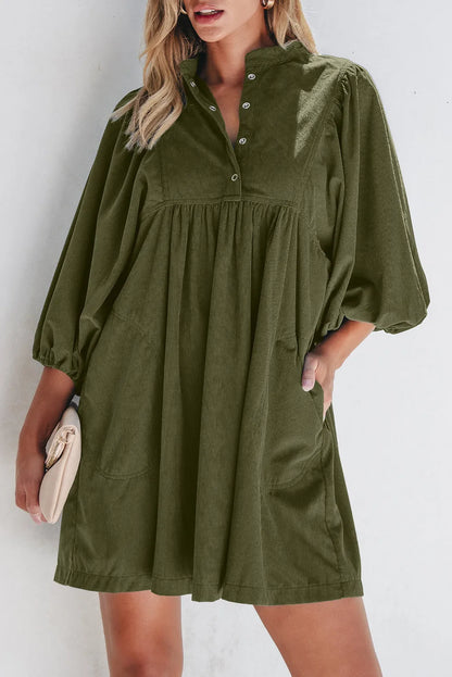 Vineyard Green Corduroy Snap Buttons Empire Waist Bracelet Sleeve Dress - Chic Meadow Boutique 