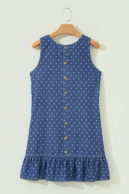 Blue Polka Dot Ruffle Hem Sleeveless Shift Dress Mini Vacation Wholesale