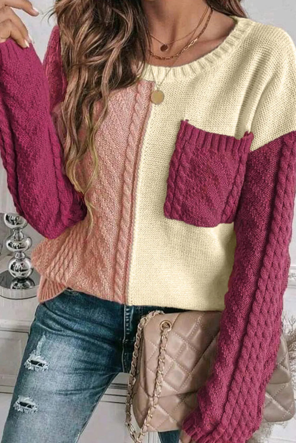 Rose Tan Colorblock Patched Pocket Drop Shoulder Sweater - Chic Meadow Boutique 