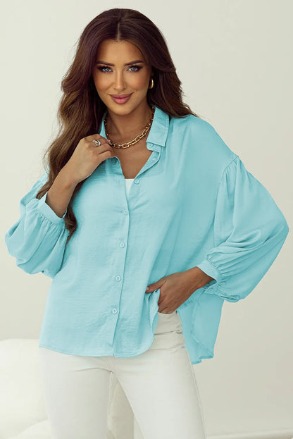 Iceland Blue Solid Puff Sleeve Loose Fit Buttoned Shirt - Chic Meadow Boutique 