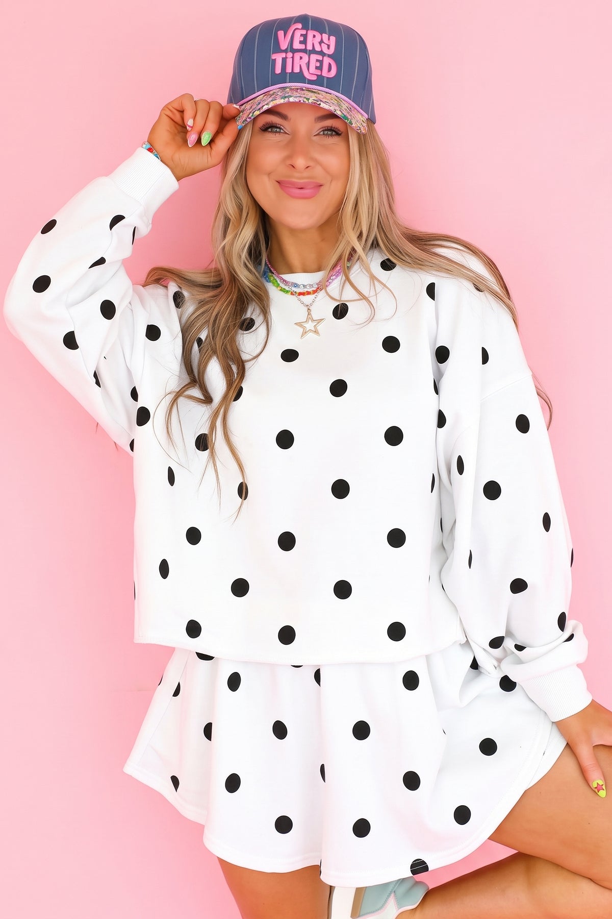 Beige Polka Dot Raw Hem Relaxed Pullover Loose Skort Two Piece Set