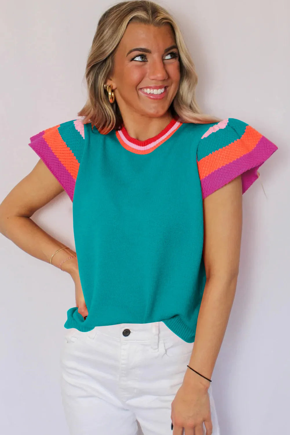 Turquoise Contrast Flutter Sleeves Knitted Sweater T Shirt - Chic Meadow Boutique 