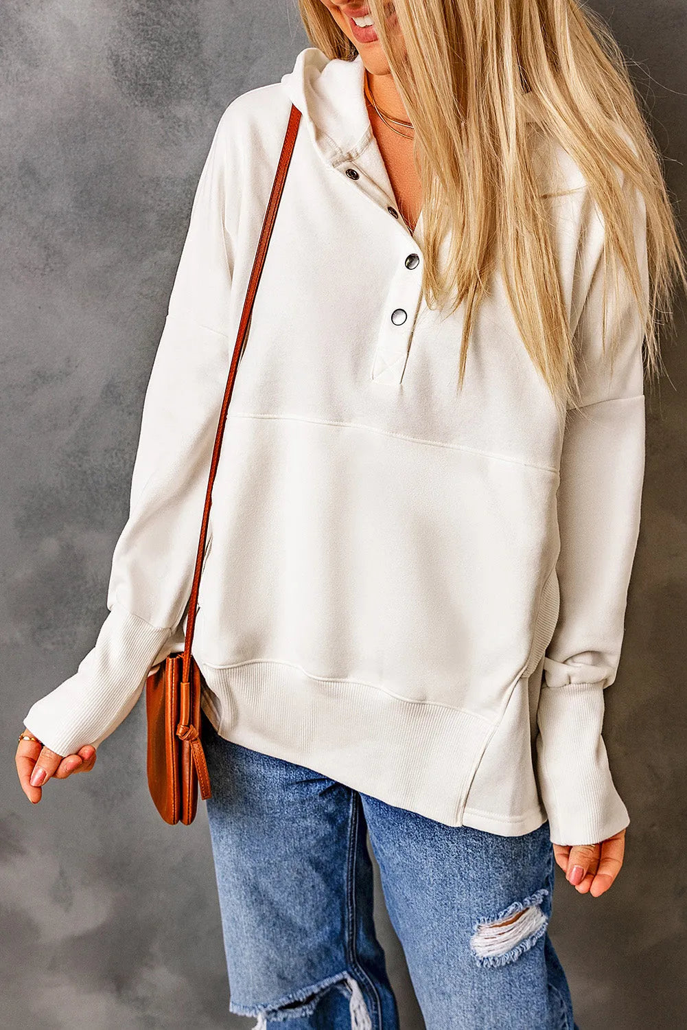 White Batwing Sleeve Pocketed Henley Hoodie - Chic Meadow Boutique 