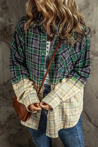 Blackish Green Contrast Plaid Patchwork Chest Pocket Button up Shacket - Chic Meadow Boutique 