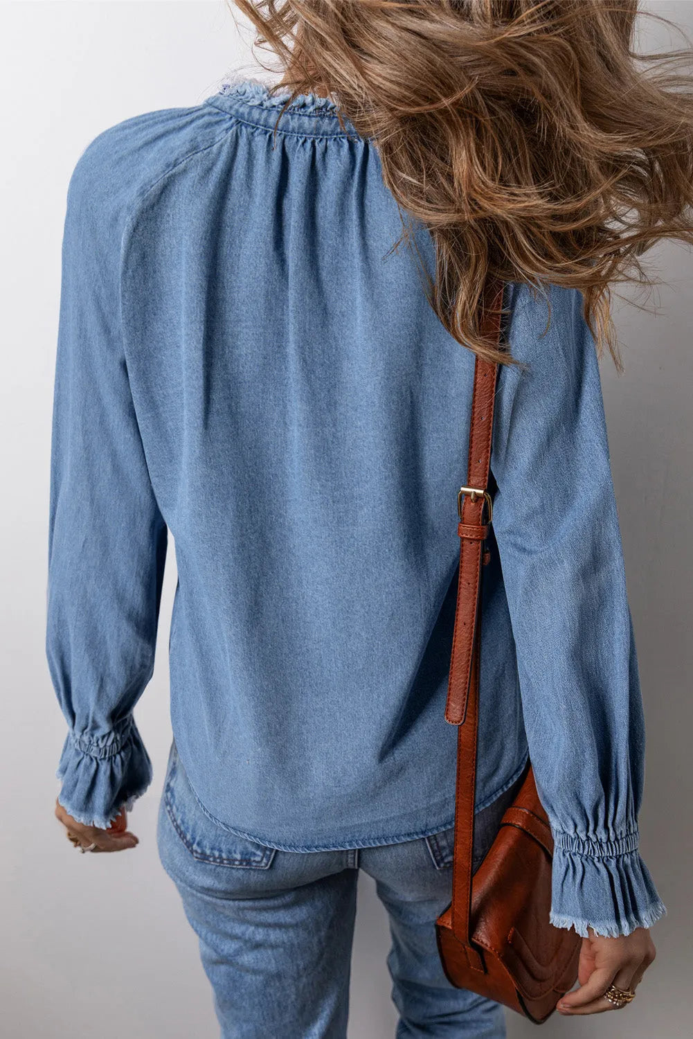 Sky Blue Frilled Raw Hem Half Buttoned Denim Top - Chic Meadow Boutique 