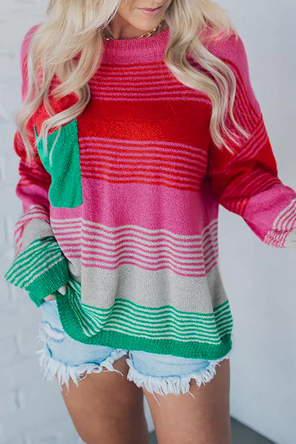 Rose Striped Knit Patch Pocket Drop Shoulder Sweater - Chic Meadow Boutique 