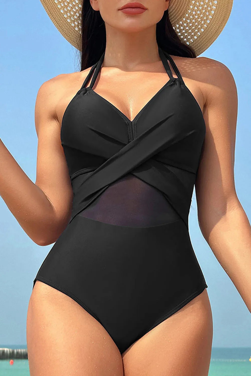 Black Halter Mesh Insert Cross Front One-Piece Swimsuit - Chic Meadow Boutique 