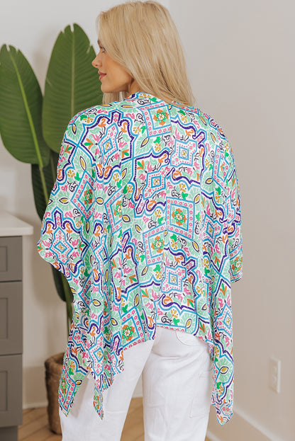 White Boho Floral Printed Rhinestone 3/4 Sleeve Open Front Kimono