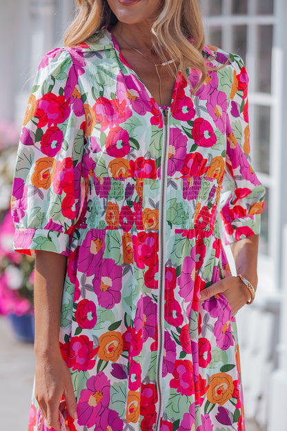 Rose Vibrant Floral Print V Neck Zip Up Puffy Half Sleeve Dress