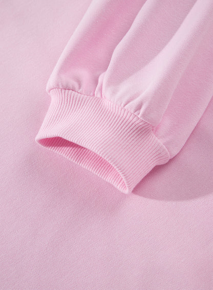 Pink Solid Color Raw Seam Lace Detail Loose Casual Sweatshirt