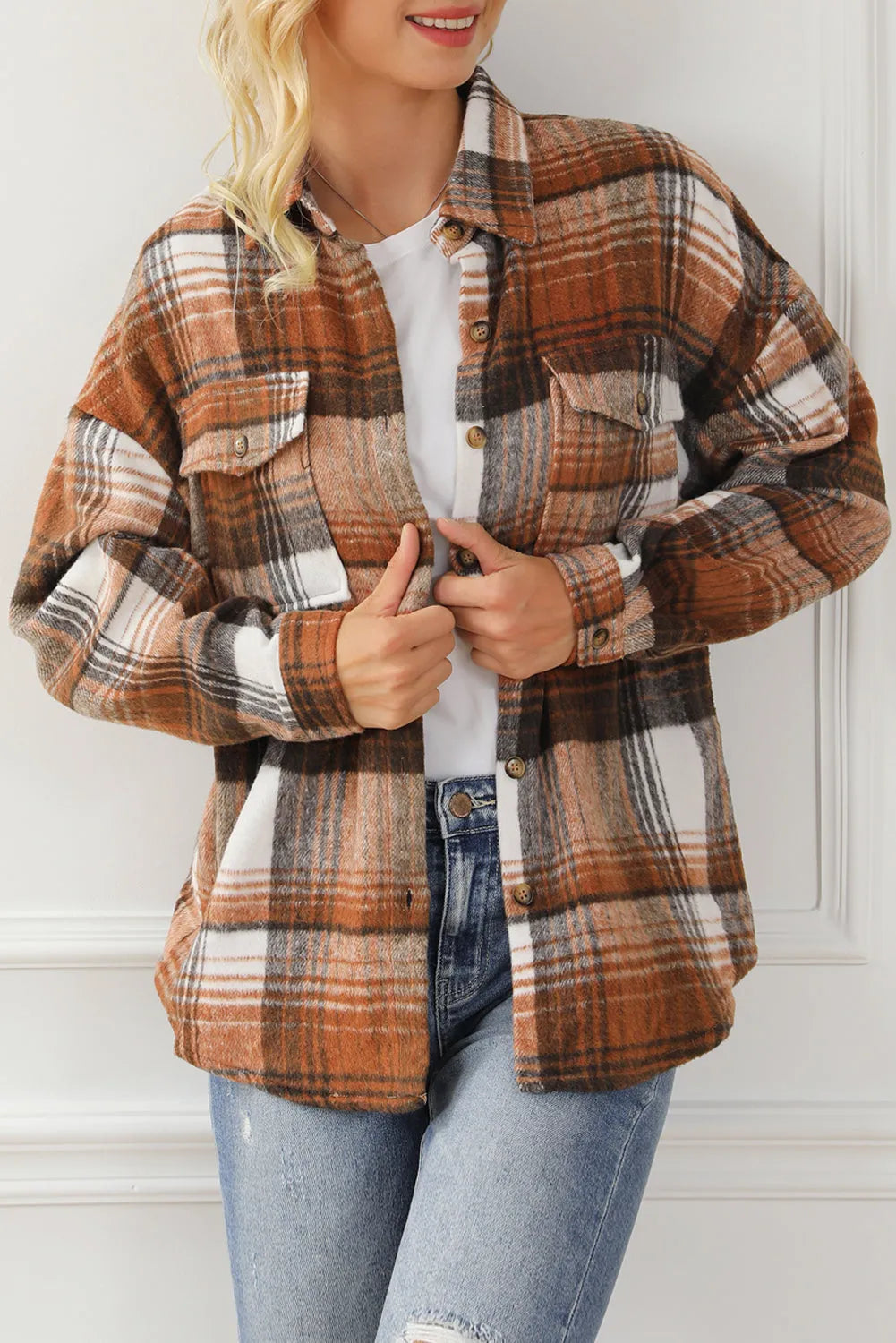 Brown Plaid Flap Pockets Shacket - Chic Meadow Boutique 