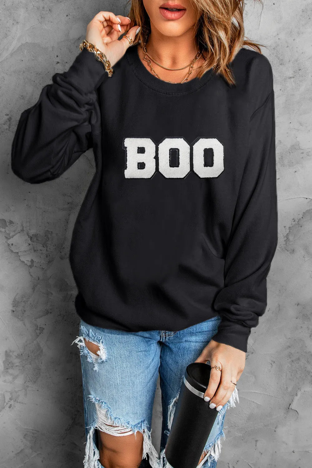 Black Chenille BOO Patched Pattern Crewneck Halloween Sweatshirt - Chic Meadow Boutique 