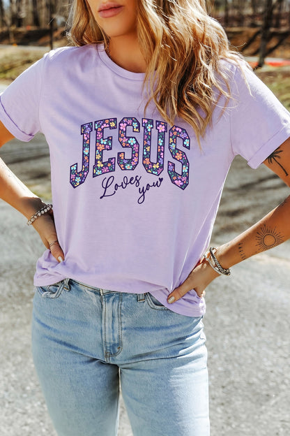 Orchid Petal Christian Floral Letter Graphic Round Neck T Shirt