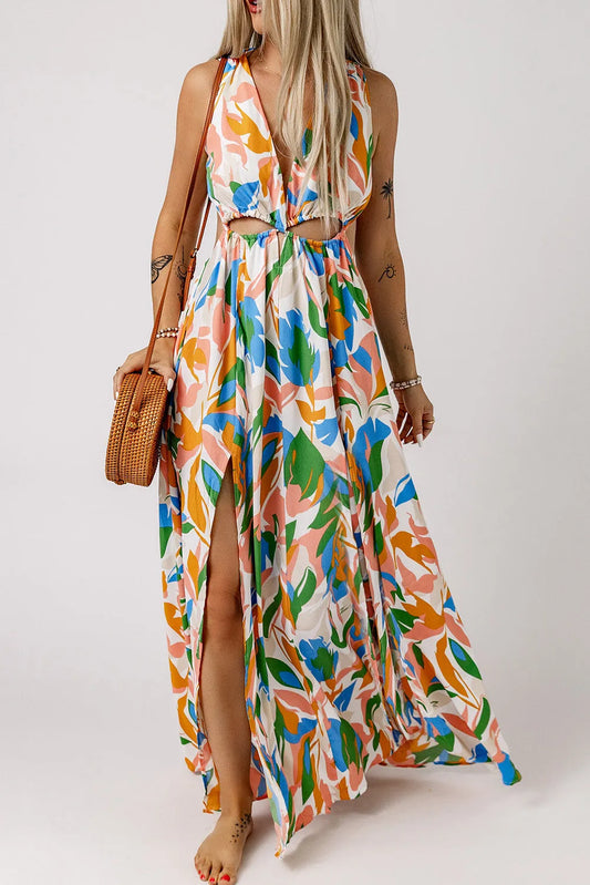 Multicolor Leaf Print Cut-out High Slit Maxi Dress - Chic Meadow Boutique 