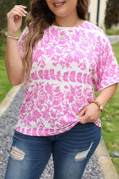 White Floral Printed Curved Hem Plus Size T Shirt - Chic Meadow Boutique 