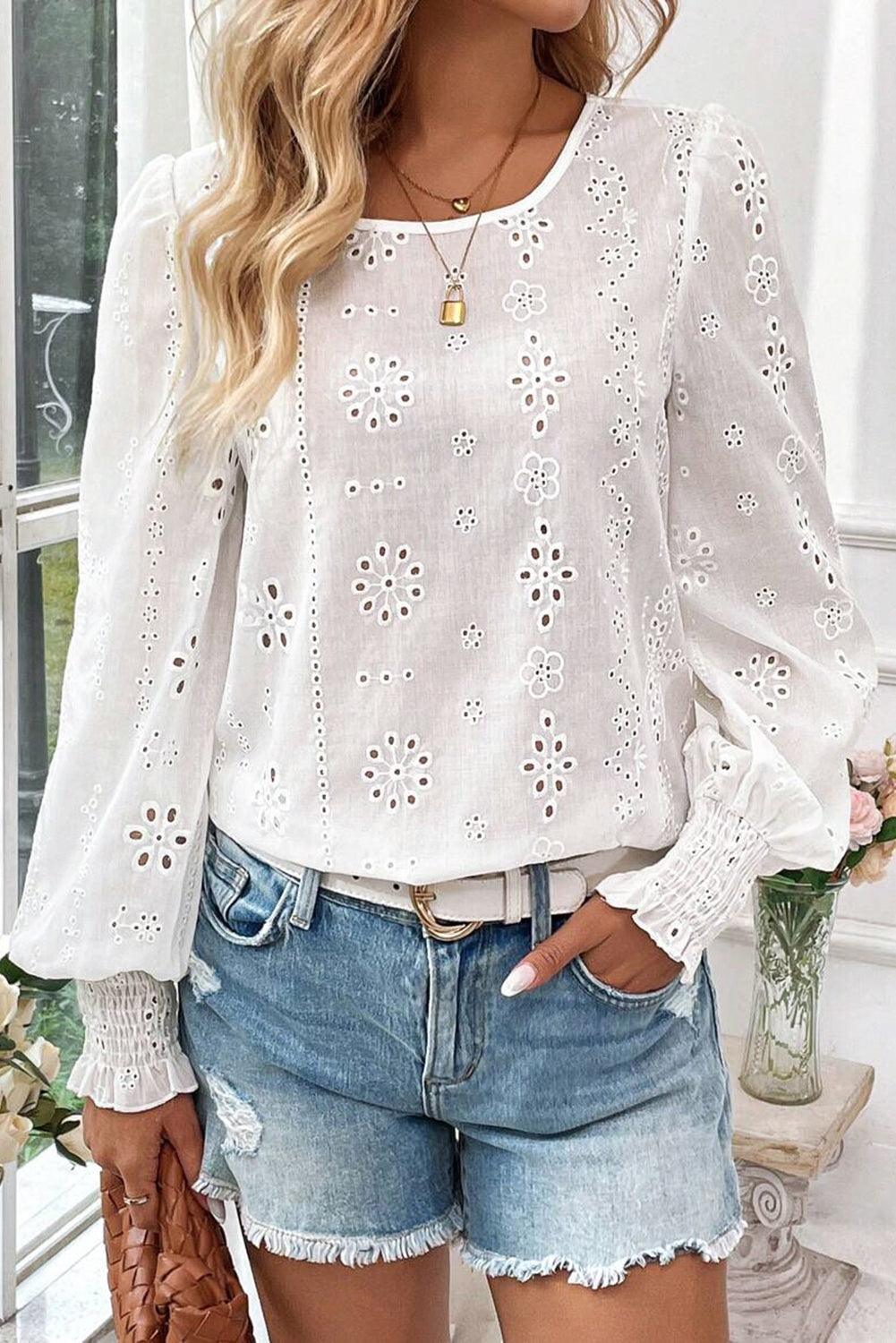 White Eyelet Embroidered Smocked Cuff Sheer Blouse