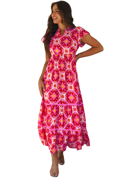 Dresses/Maxi Dresses Strawberry Pink Geo Print V-neck Maxi Dress