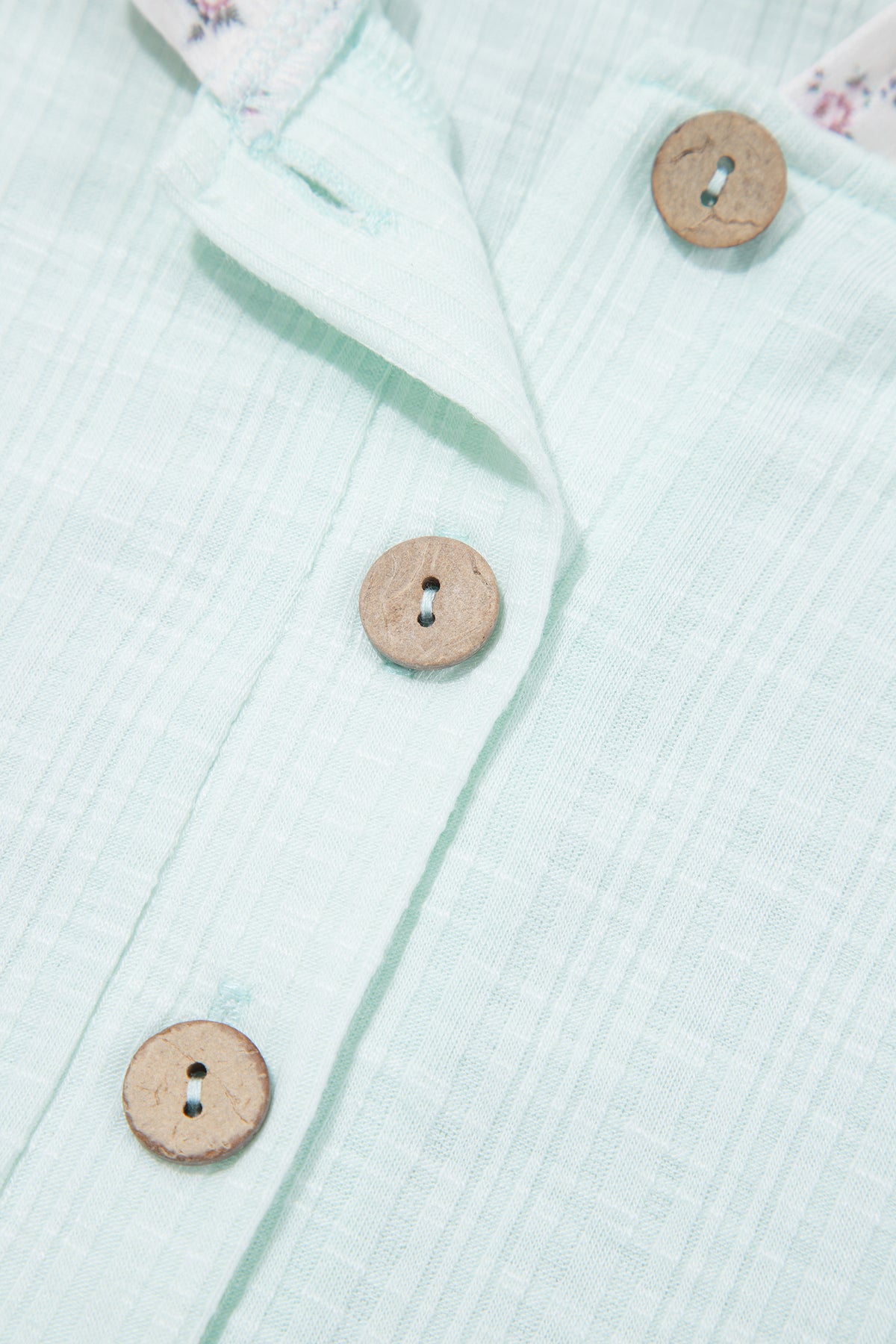 Clearly Aqua Textured Floral Patchwork Button Hooded Long Sleeve Top