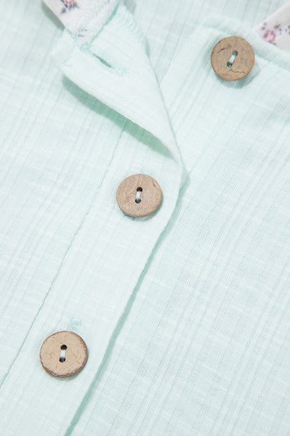 Clearly Aqua Textured Floral Patchwork Button Hooded Long Sleeve Top
