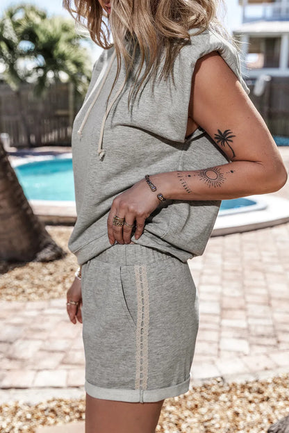 Gray Drawstring Sleeveless Hoodie and Shorts Set - Chic Meadow Boutique 