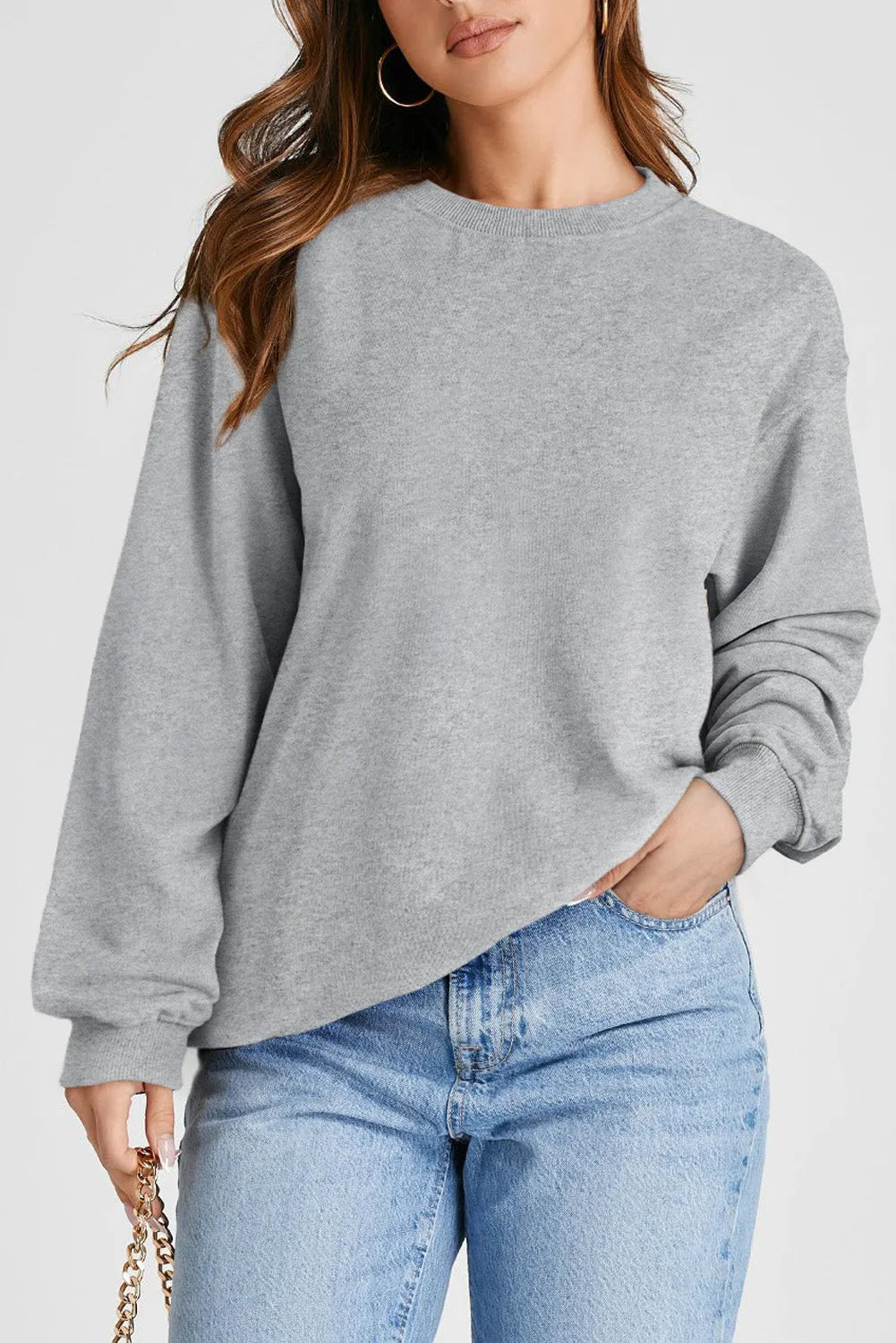 Light Grey Plain Drop Shoulder Crewneck Pullover Sweatshirt - Chic Meadow Boutique 