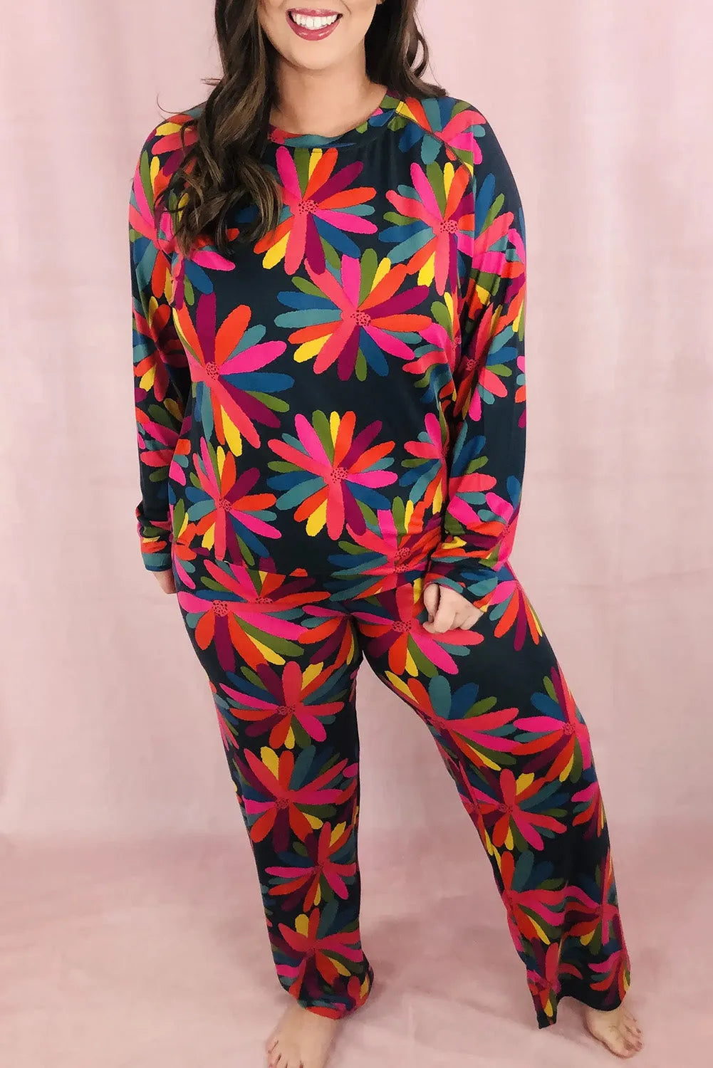 Black Plus Size Printed Long Sleeve and Pants Lounge Set - Chic Meadow Boutique 