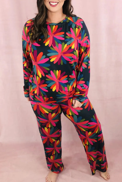 Black Plus Size Printed Long Sleeve and Pants Lounge Set - Chic Meadow Boutique 