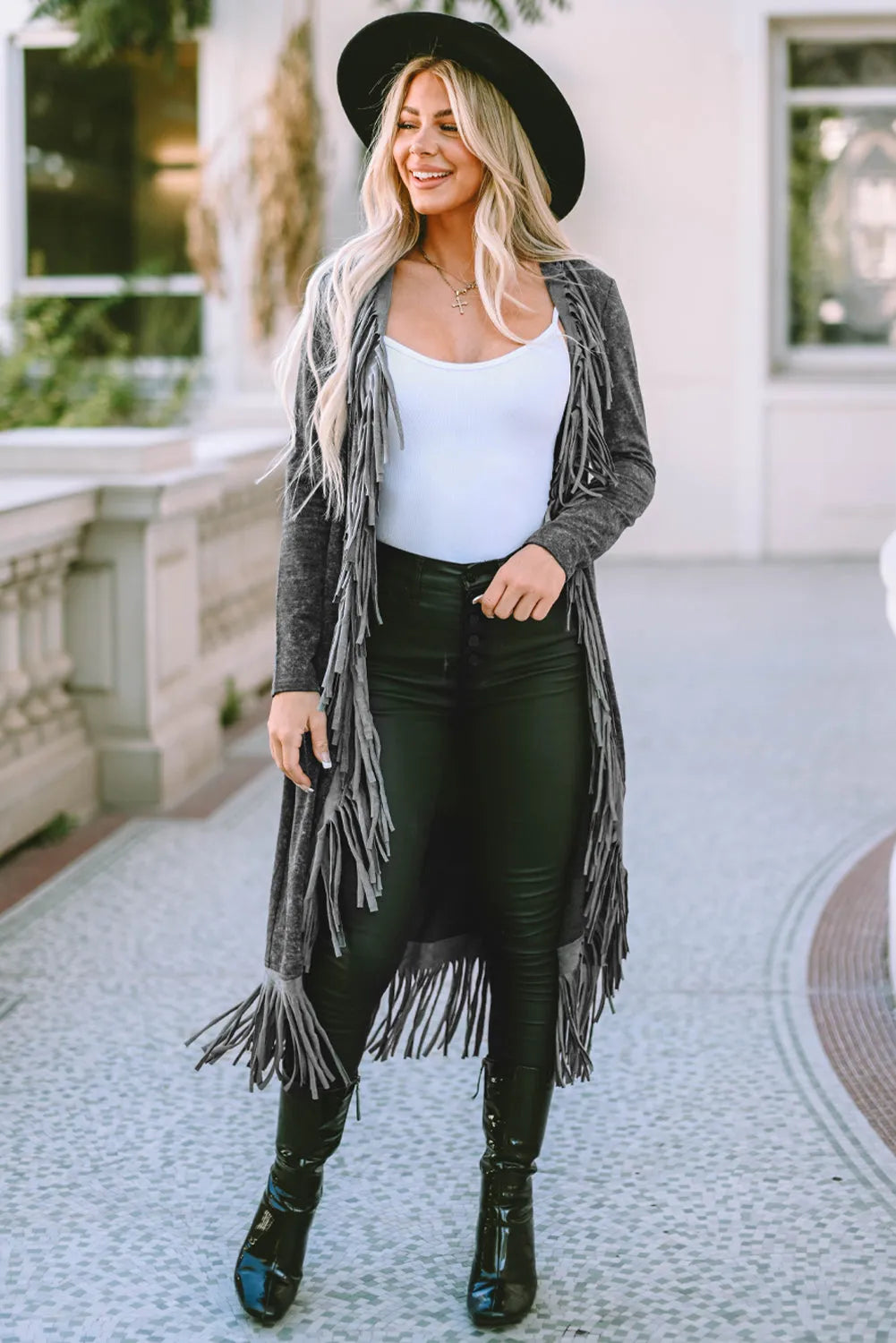 Black Fringed Hem Pocketed Open Cardigan - Chic Meadow Boutique 