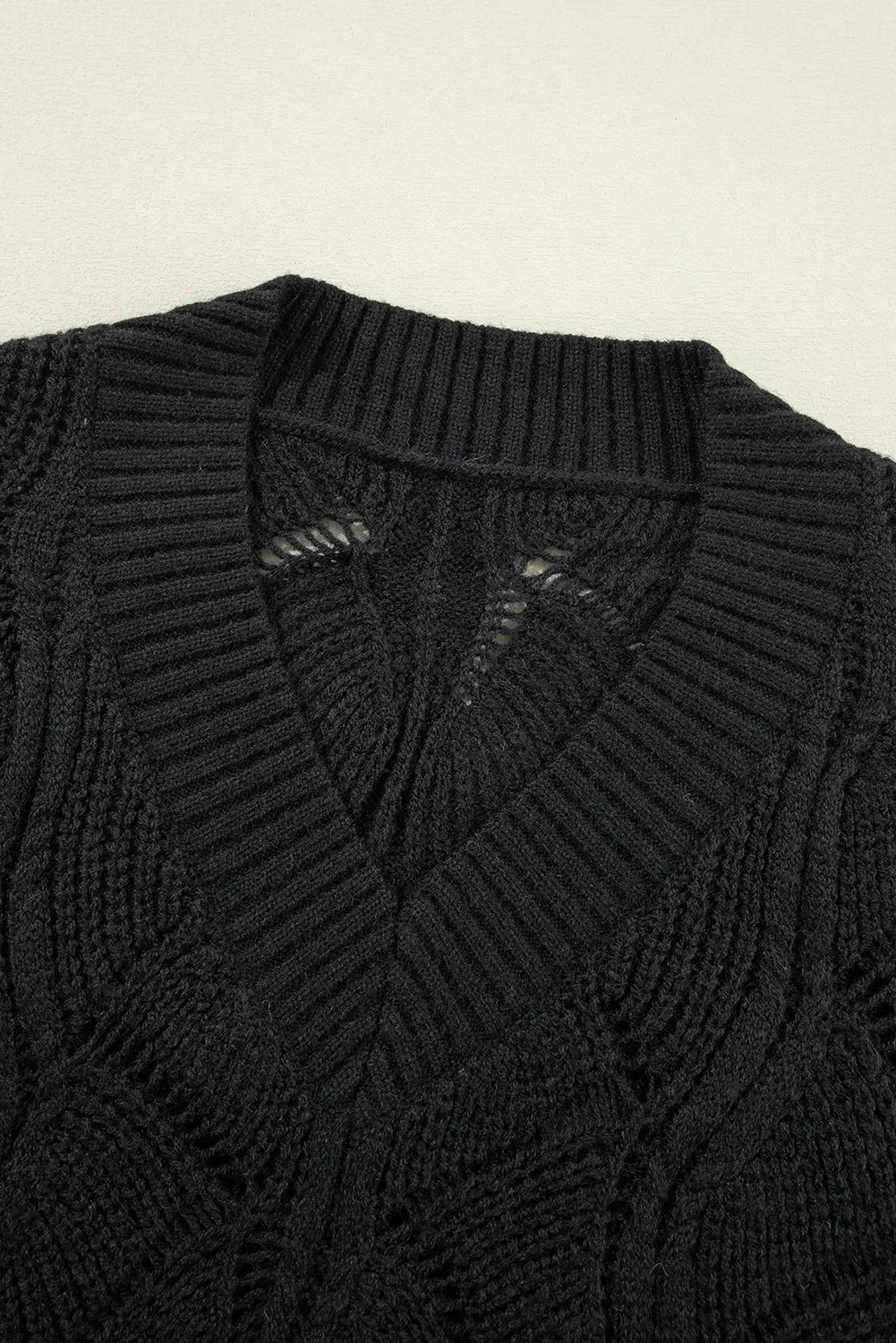 Black Hollow Out Knit V Neck Drop Shoulder Sweater - Chic Meadow Boutique 