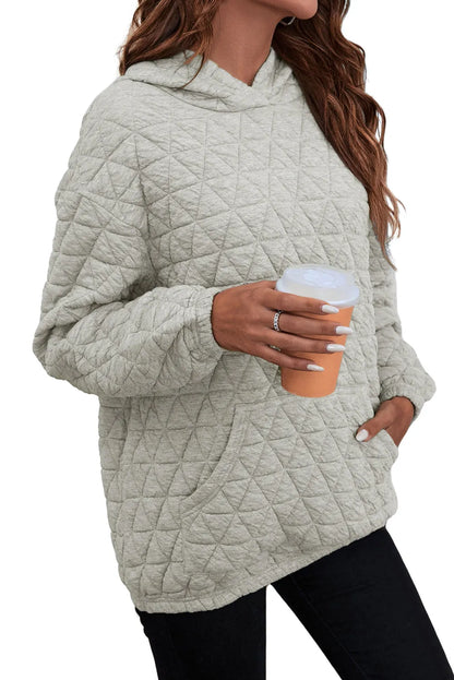 Light Grey Solid Color Quilted Kangaroo Pocket Hoodie - Chic Meadow Boutique 