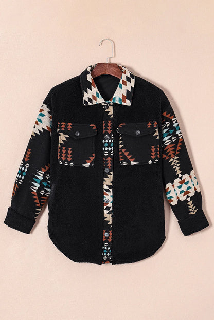 Black Western Aztec Print Accent Fleece Shacket - Chic Meadow Boutique 