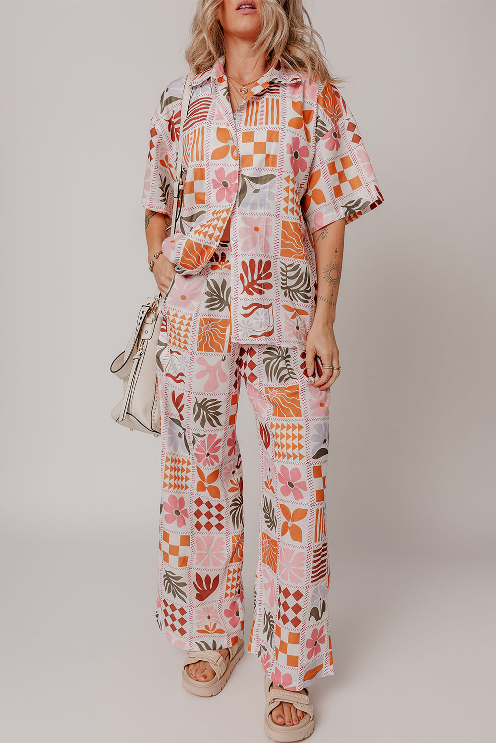 Orange Plant Checkered Print Collared Shirt and Wide Leg Pants Set