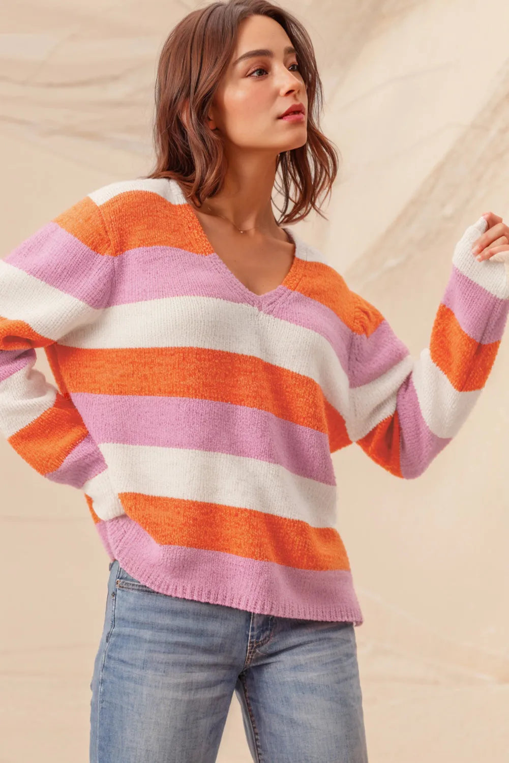 Orange Stripe Colorblock V Neck Casual Sweater - Chic Meadow Boutique 